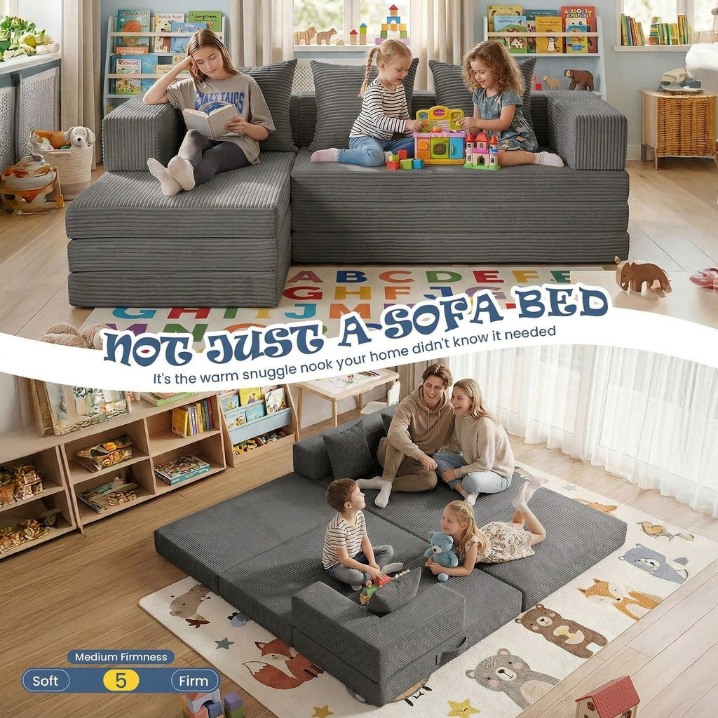 Modular Kids Play Couch, Convertible Toddler Sectional Sofa, Soft Cloud Corduroy Kids Sofa Bed with 3 Pillows, Safe No Edge Foam Play Furniture for Boys Girls Playroom Bedroom