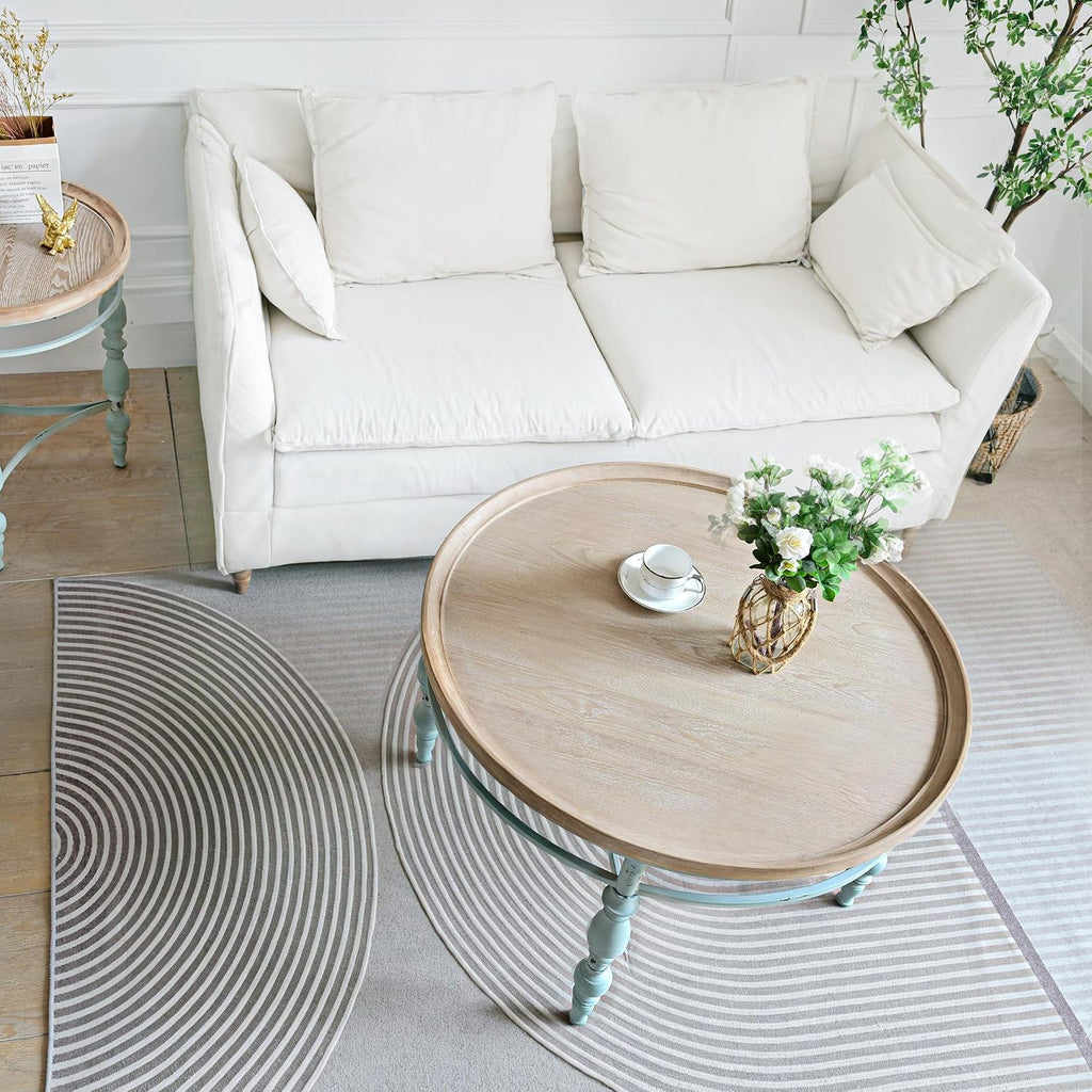 Rustic Farmhouse Round Coffee Table, French Country Vintage Center Table,Ï31.5'' x18.9''H Rustic Solid Wood with Vintage Iron Legs, for Living Room, Bedroom,Dinning Room,Nature White