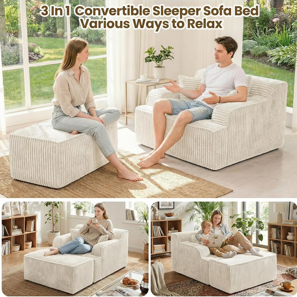 Chaise Lounge Chair Indoor,Boneless Chair with Ottoman,Comfy Reading Chair for Adults,Small Sofa Bed Couch for Living Room,Single Sleeper Chair Bed,Beige