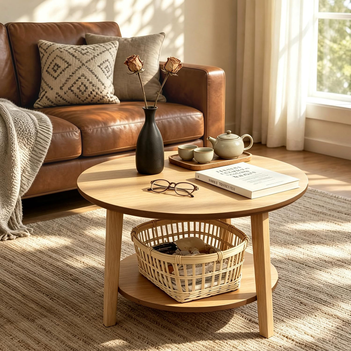 2-Tier Round Coffee Table, 28ââ Wood Nesting Side Table with Storage Shelf, Natural Walnut Wood Tables for Living Room, Space Saving Accent Table