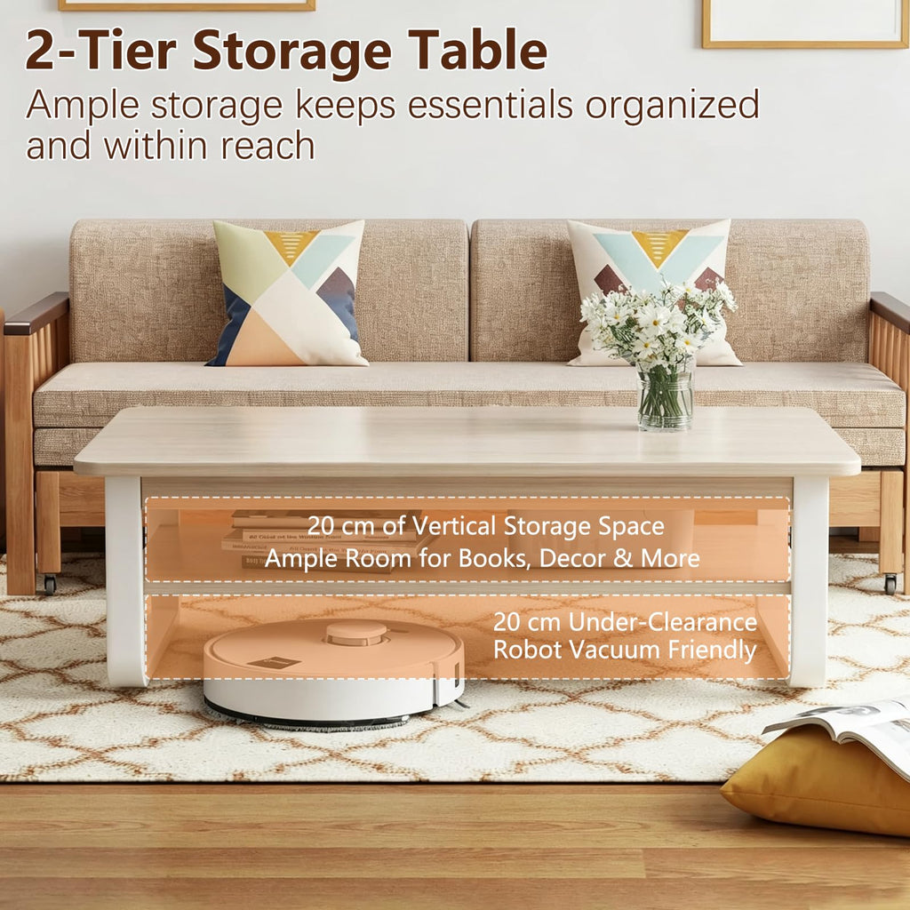 Coffee Table for Living Room with 2-Tier Storage Shelf, 39 inch Rectangular Wooden Center Table, Large Industrial Coffee Tables with Metal Leg & Rounded Corners for Home Office(Black)