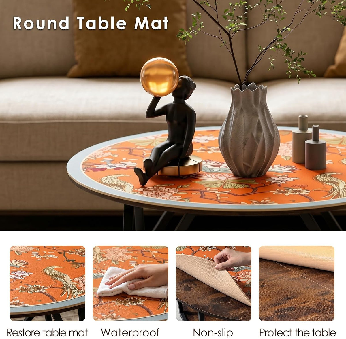 31.5" Round Coffee Table with Orange Table Mat, 2-Tier Circle Center Table