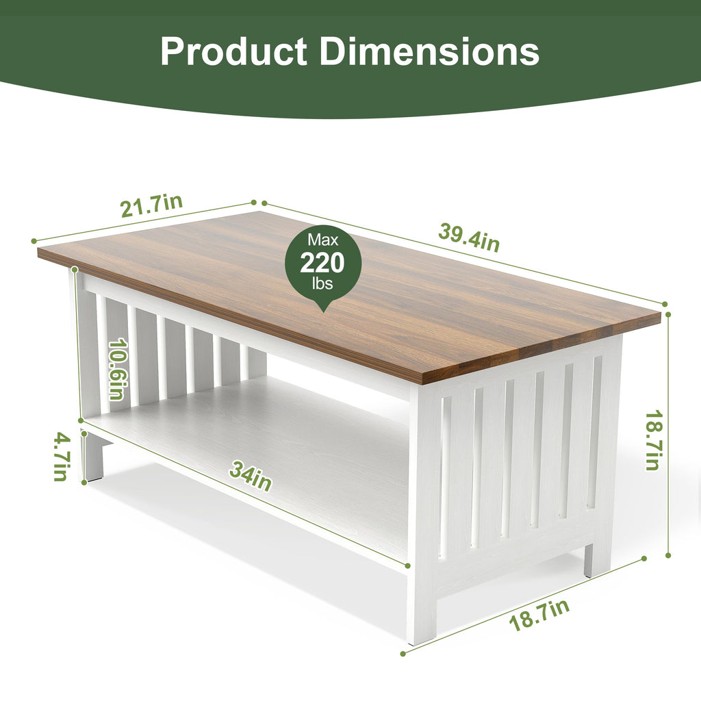 YOSHOOT 47.2" Farmhouse Coffee Table - Coffee Tables for Living Room, Small Coffee Table with Storage, Center Table for Living Room, Bedroom, Office, Black