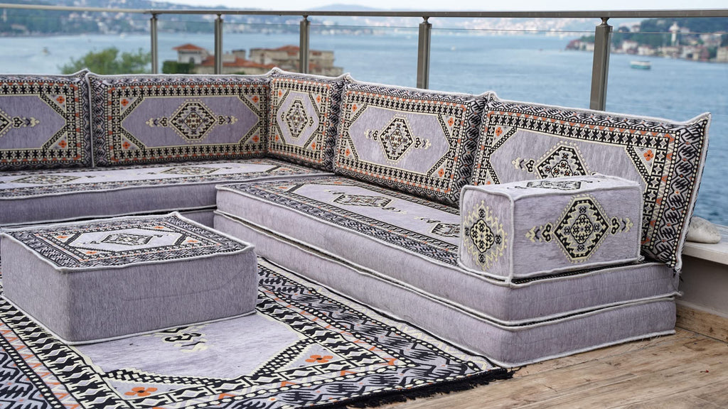 Gray L Shaped Pallet Cushions, Arabic Floor Sofa Set, Oriental Floor Seating, Sectional Floor Cushion, Indoor Floor Pillows, Arabic Majlis Set, Sofa Bed (U Sofa + Rug + Ottoman, 8'' Thickness (20 cm))