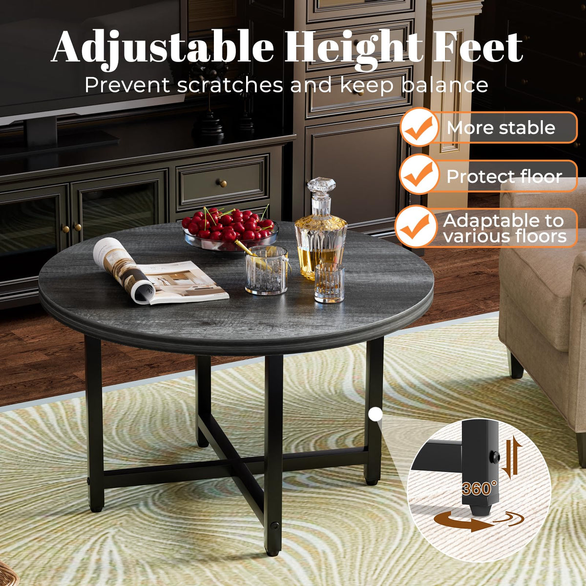 Coffee Tables for Living Room, 27.6" Round Coffee Table, Black Coffee Table