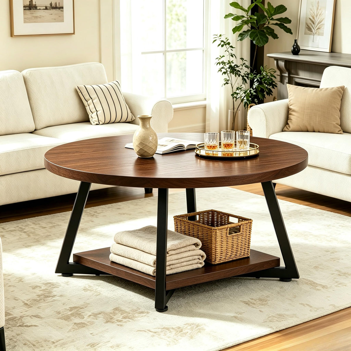 Coffee Tables for Living Room, 27.6" Round Coffee Table, Black Coffee Table
