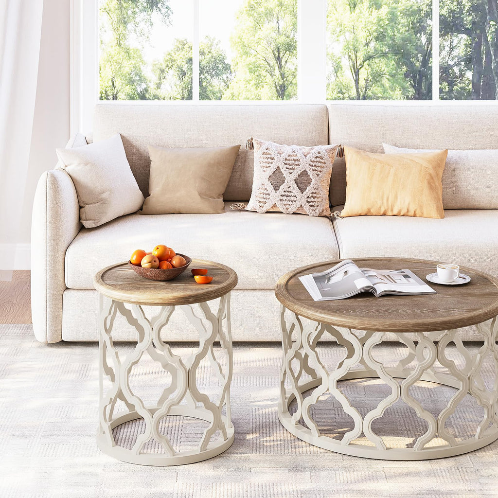 karlott Farmhouse Coffee Table, French Country Round Coffee Table, Beige