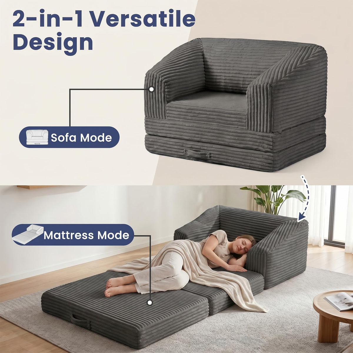 Convertible Folding Sofa Bed, 2-in-1 Single Boneless Sofa with Soft Corduroy & Ultra-Thick Backrest, Foldable Boneless Chair Lounger Sleeper Sofa for Small Apartment, Living Room, Home Office