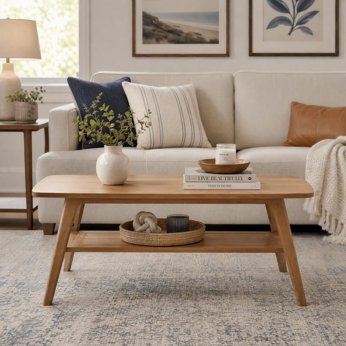 100% Solid Oak Coffee Table with Storage Shelf, 31.49" W