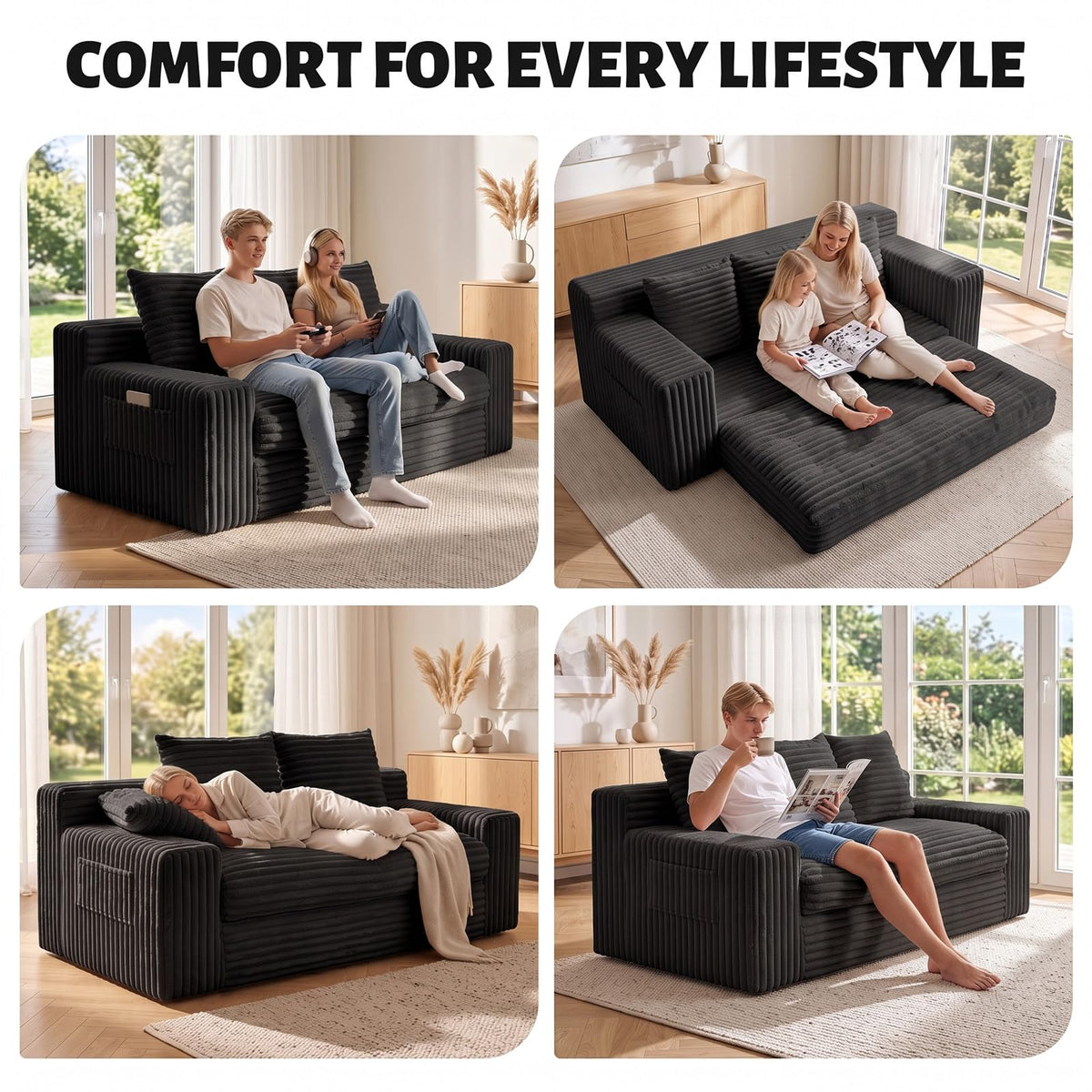Small Boneless Couch, Boneless Loveseat Convertible Sofa Bed Sleeper Sofa Couch Bed with 2 Pillows, Corduroy Folding Floor Futon Foldable Boneless Couch for Living Room, Guest Room, Small Space, Black