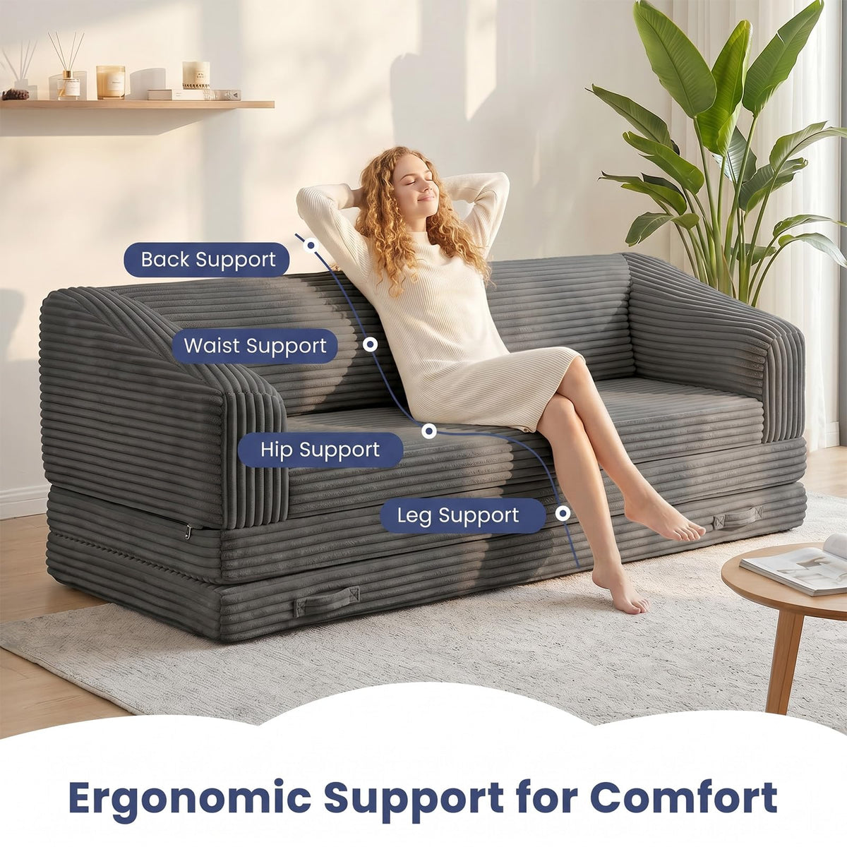 Convertible Folding Sofa Bed, 2-in-1 Single Boneless Sofa with Soft Corduroy & Ultra-Thick Backrest, Foldable Boneless Chair Lounger Sleeper Sofa for Small Apartment, Living Room, Home Office