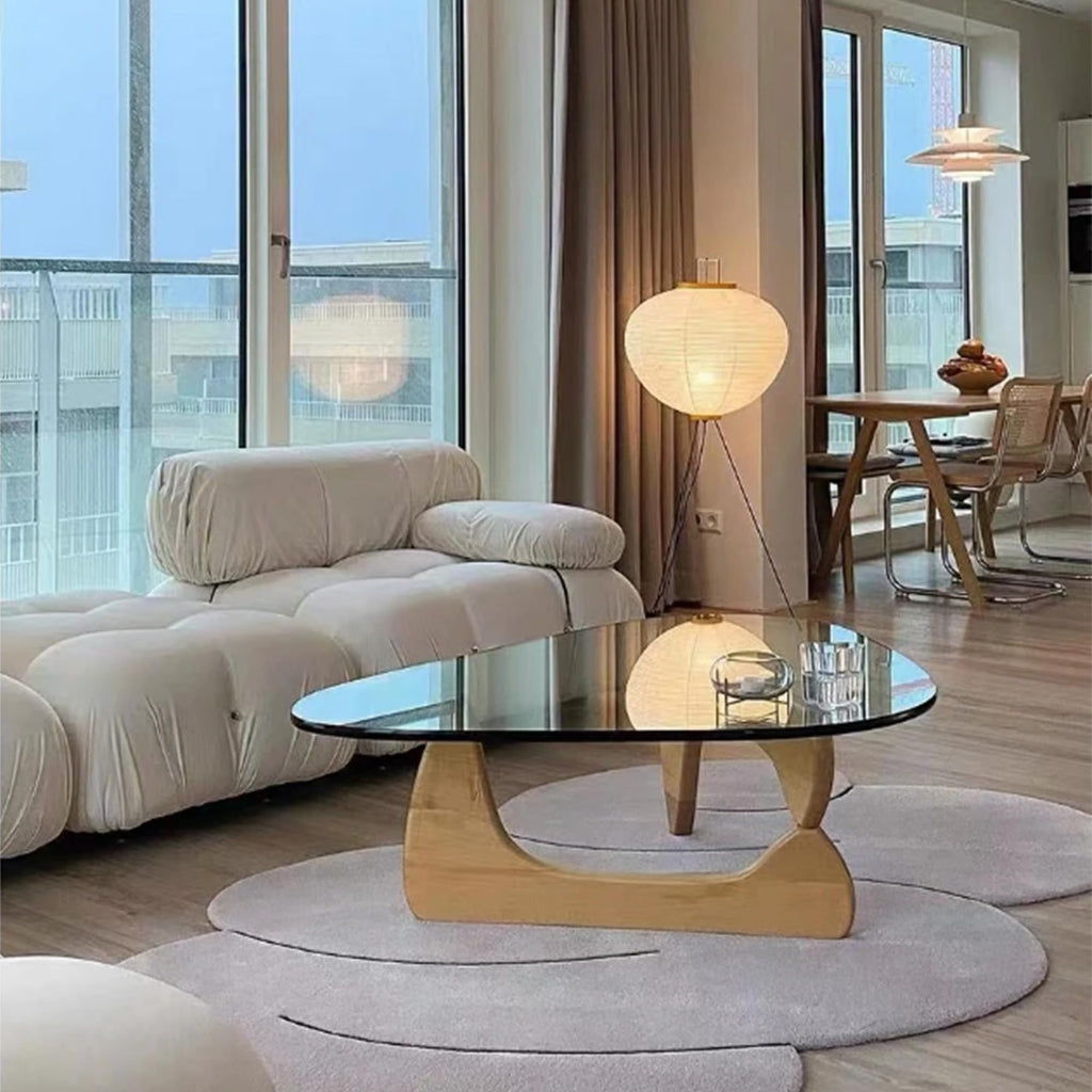 EASYSOUL Modern Glass Coffee Table, 32.68" D x 22.44" W x 15.75" H, Abstract Round Tea Tables for Living Room Home Office Industrial Cocktail Tables (Walnut-Brown Glass, 32.68")