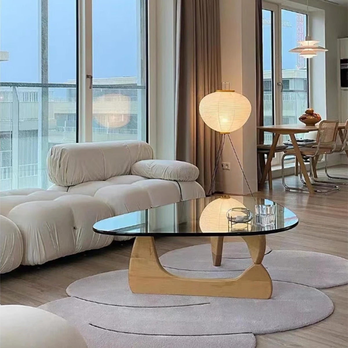 EASYSOUL Modern Glass Coffee Table, 32.68" D x 22.44" W x 15.75" H, Abstract Round Tea Tables for Living Room Home Office Industrial Cocktail Tables (Walnut-Brown Glass, 32.68")