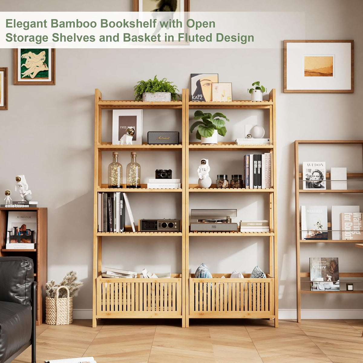 Bamjoy Bamboo Ladder Shelf, Bookshelf with 4 Display Shelves and 1 Open Storage Basket, Multifunctional Storage Rack Organizer for Home Office, Bedroom, Living Room, 66â H Natural