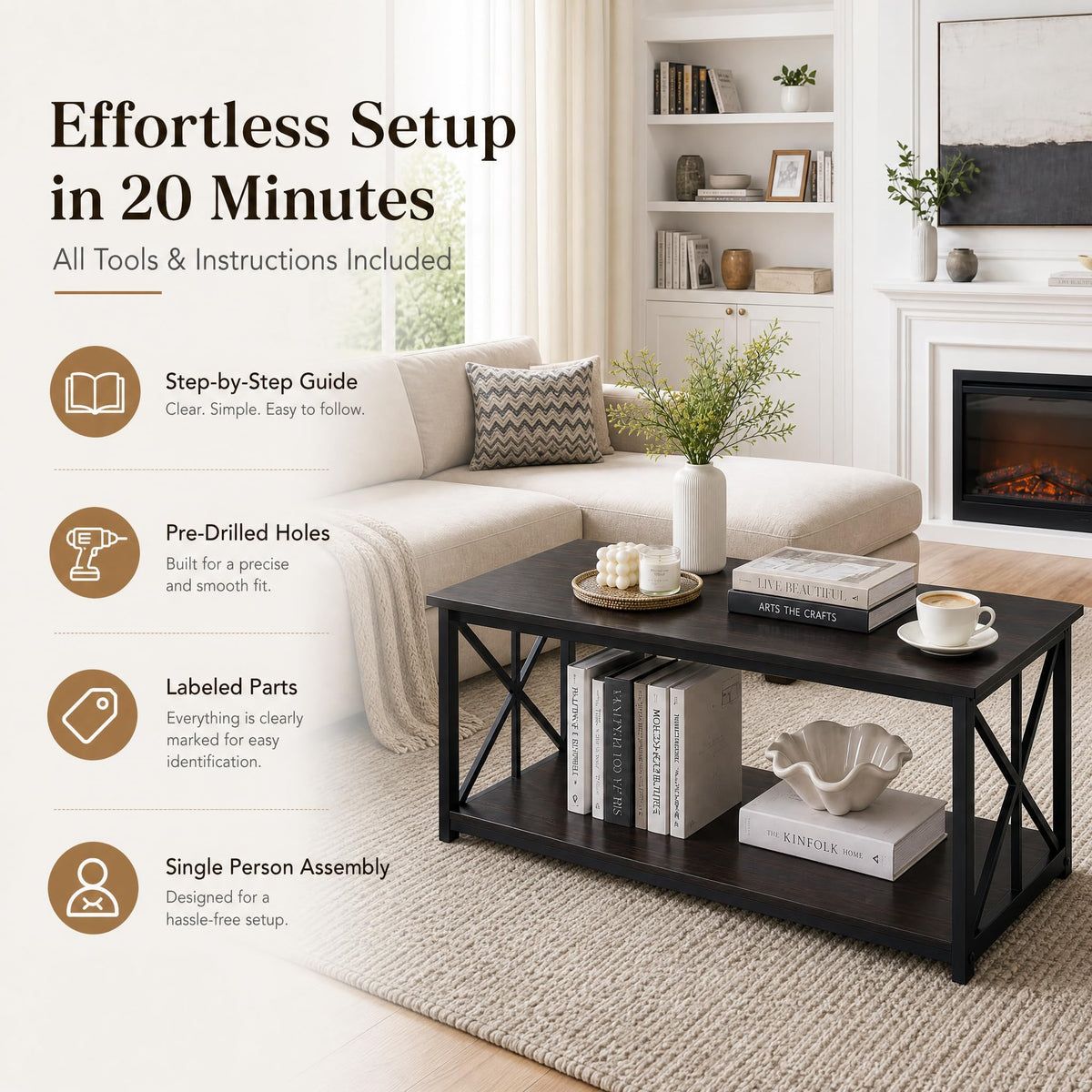 Manora Industrial Rectangular Coffee Table with Storage Shelf, Rustic Brown