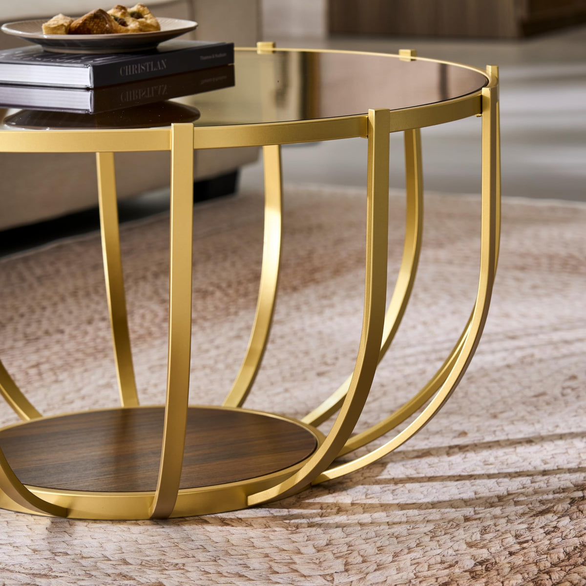 Saint Mossi Gold Round Coffee Table with Clear Glass Top and Glass Shelf