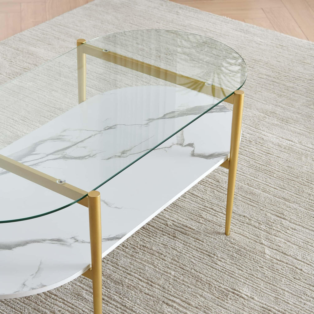 LumFurn Round Coffee Table for Living Room, Mid-Century Modern Design, D30 x H17, 2-Tier Structure, Grey Glass Top and Black Marble Finish Wood Shelf, Sleek Conical Metal Legs with Gold Finish Frame