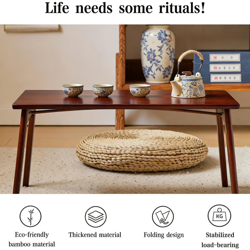 JIKUGO Bamboo Folding Coffee Table No Assembly Required Japanese Floor Table for Bedroom Living Room, Walnut, 26 x 15.8 x 11.8 Inches