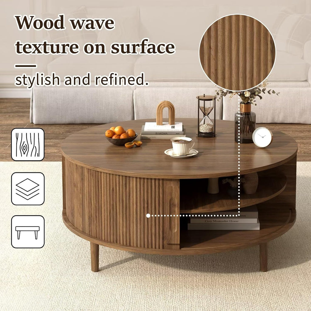 Round Lift Top Coffee Table, 39.4 Inch Minimalist Fluted Walnut Wood Cocktail Table with Hidden Divided Storage & Dual-Tier Open Side Shelves, Dark Walnut Finish Circular Living Room Center Table