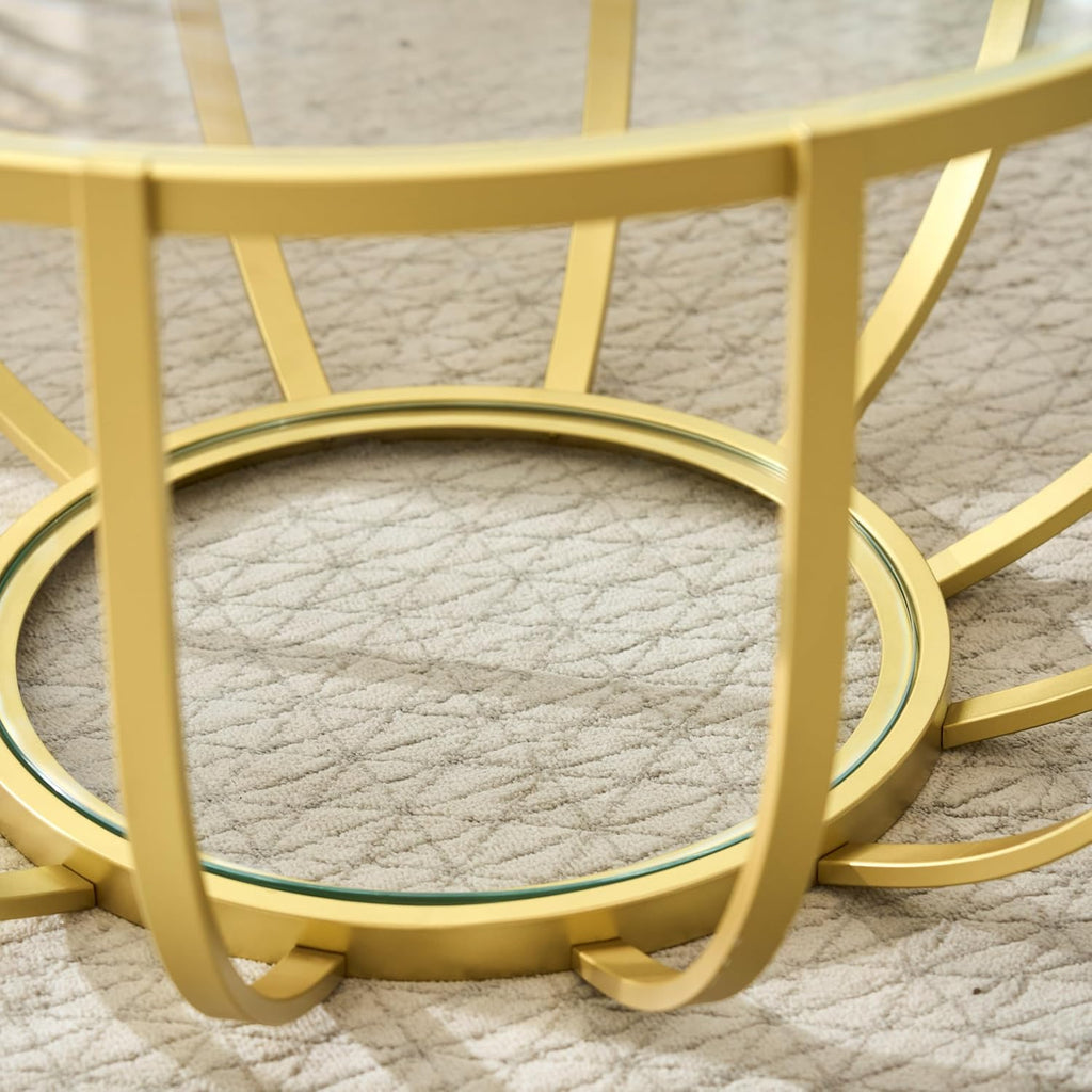 Saint Mossi Gold Round Coffee Table with Clear Glass Top and Glass Shelf