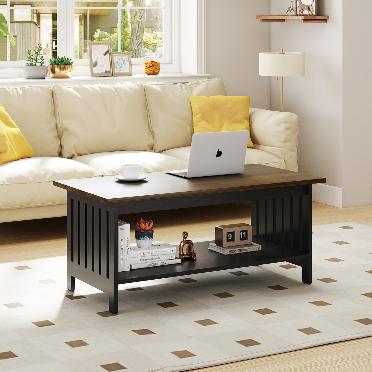 YOSHOOT 47.2" Farmhouse Coffee Table - Coffee Tables for Living Room, Small Coffee Table with Storage, Center Table for Living Room, Bedroom, Office, Black