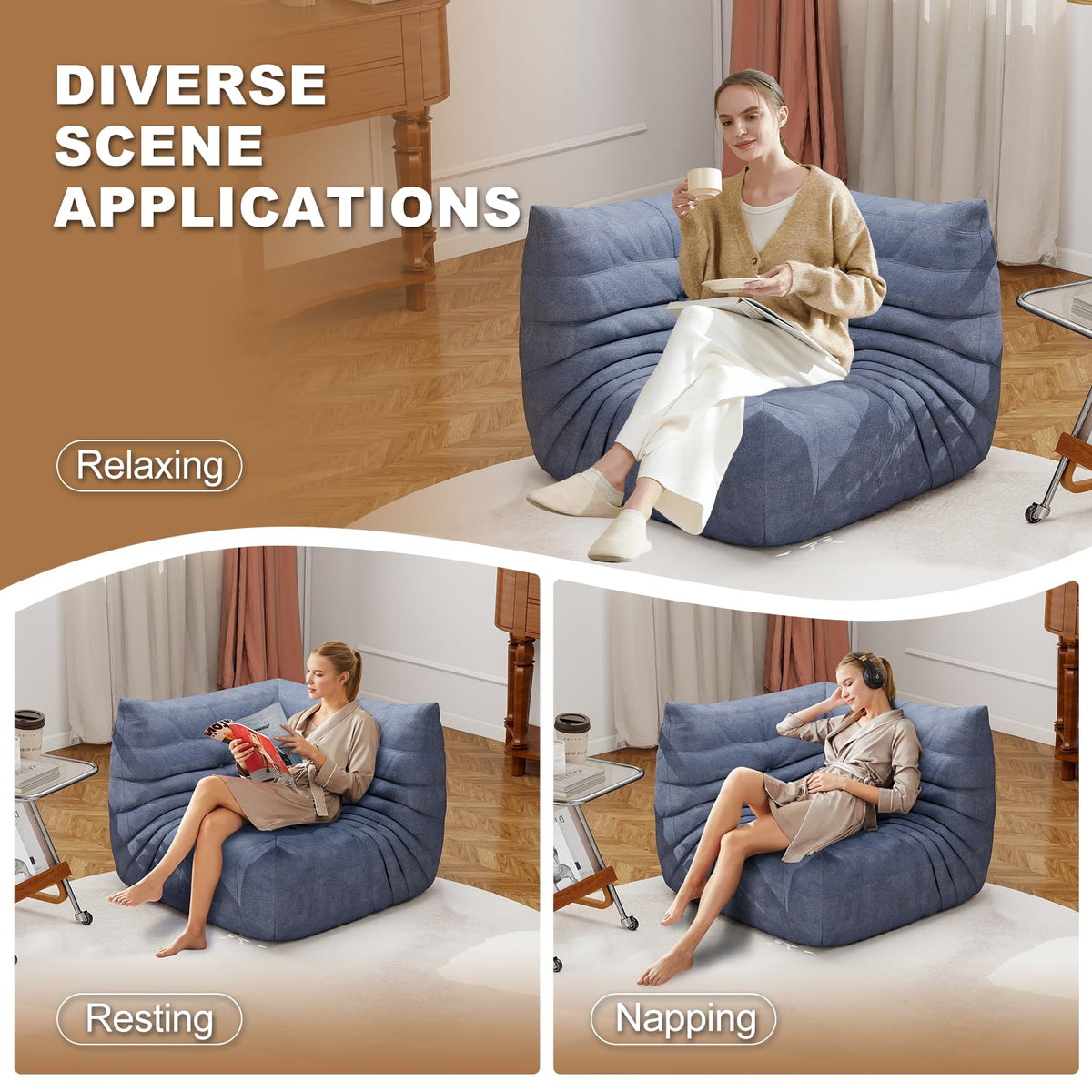 Full Foam 3-Seater Sofa, Bean Bag Floor Couch for Adults, Waterproof Fabric