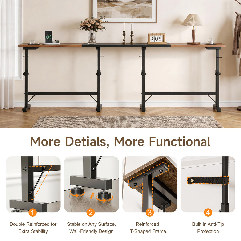 106"-157" Adjustable Length Behind Couch Sofa Table with 3 Power Outlets