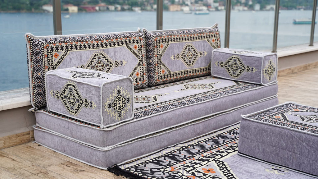 Gray L Shaped Pallet Cushions, Arabic Floor Sofa Set, Oriental Floor Seating, Sectional Floor Cushion, Indoor Floor Pillows, Arabic Majlis Set, Sofa Bed (U Sofa + Rug + Ottoman, 8'' Thickness (20 cm))
