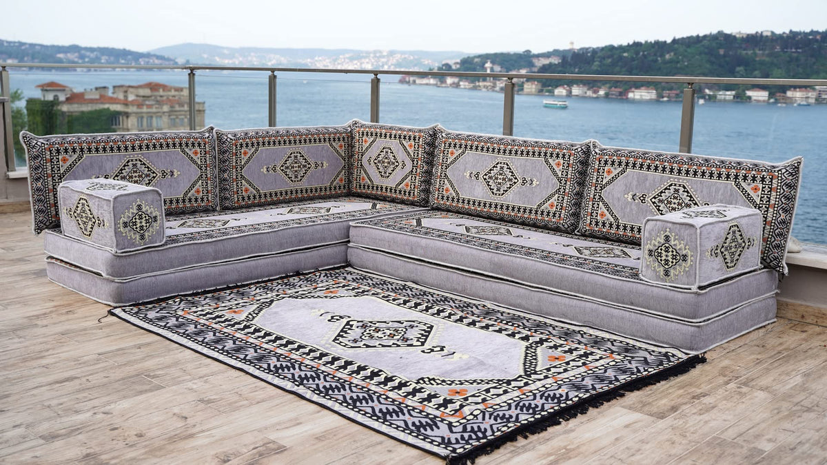 Gray L Shaped Pallet Cushions, Arabic Floor Sofa Set, Oriental Floor Seating, Sectional Floor Cushion, Indoor Floor Pillows, Arabic Majlis Set, Sofa Bed (U Sofa + Rug + Ottoman, 8'' Thickness (20 cm))