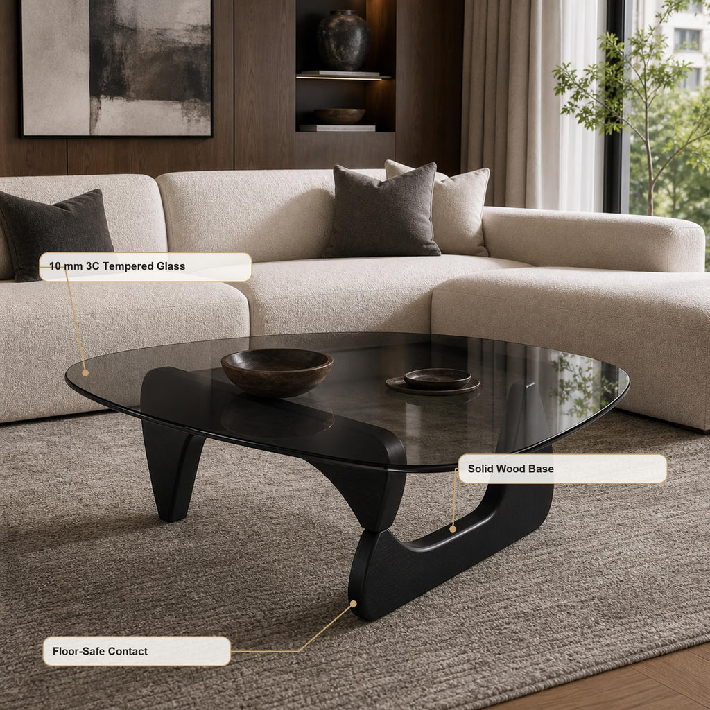 EASYSOUL Modern Glass Coffee Table, 32.68" D x 22.44" W x 15.75" H, Abstract Round Tea Tables for Living Room Home Office Industrial Cocktail Tables (Walnut-Brown Glass, 32.68")
