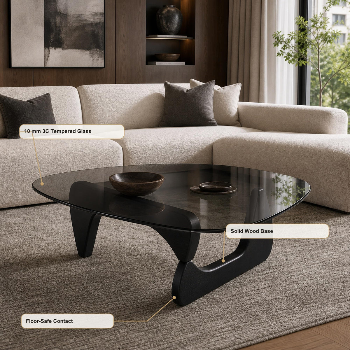 EASYSOUL Modern Glass Coffee Table, 32.68" D x 22.44" W x 15.75" H, Abstract Round Tea Tables for Living Room Home Office Industrial Cocktail Tables (Walnut-Brown Glass, 32.68")