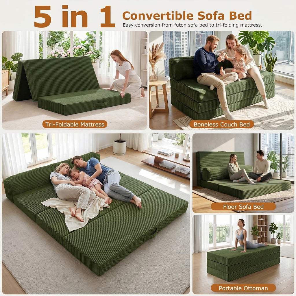 JUIKURY 6 Inch Tri-Fold Memory Foam Mattress Queen Size, 5 in 1 Convertible Sofa Bed, Foldable Floor Futon Sleeper Couch with Washable Cover & High-Density Foam, Portable Guest Bed for Living Room