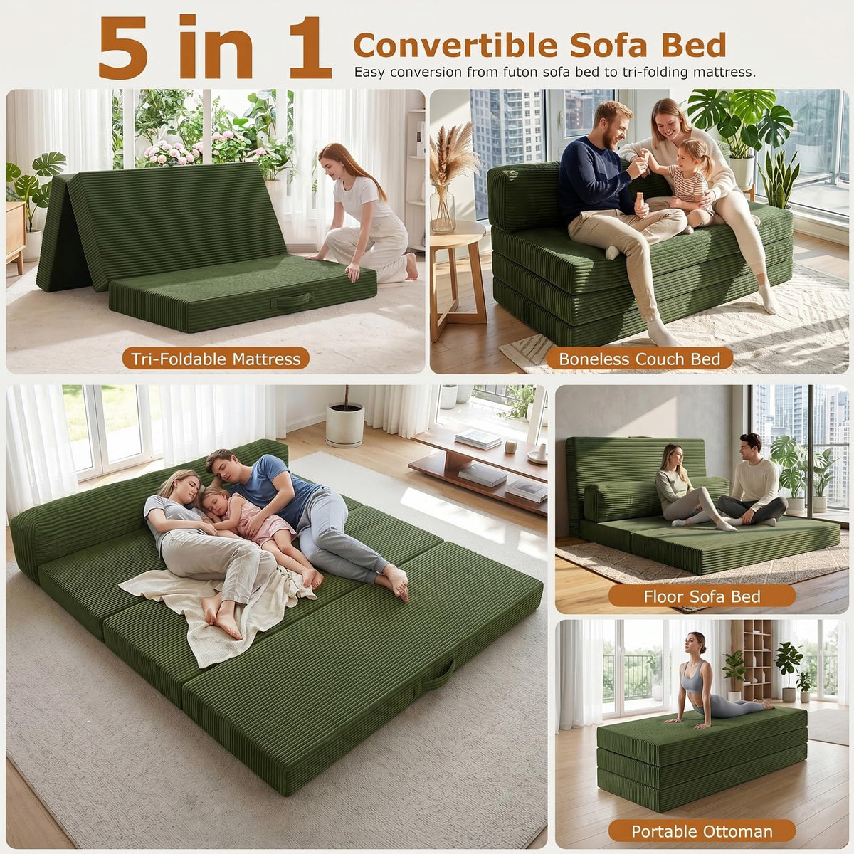 JUIKURY 6 Inch Tri-Fold Memory Foam Mattress Queen Size, 5 in 1 Convertible Sofa Bed, Foldable Floor Futon Sleeper Couch with Washable Cover & High-Density Foam, Portable Guest Bed for Living Room