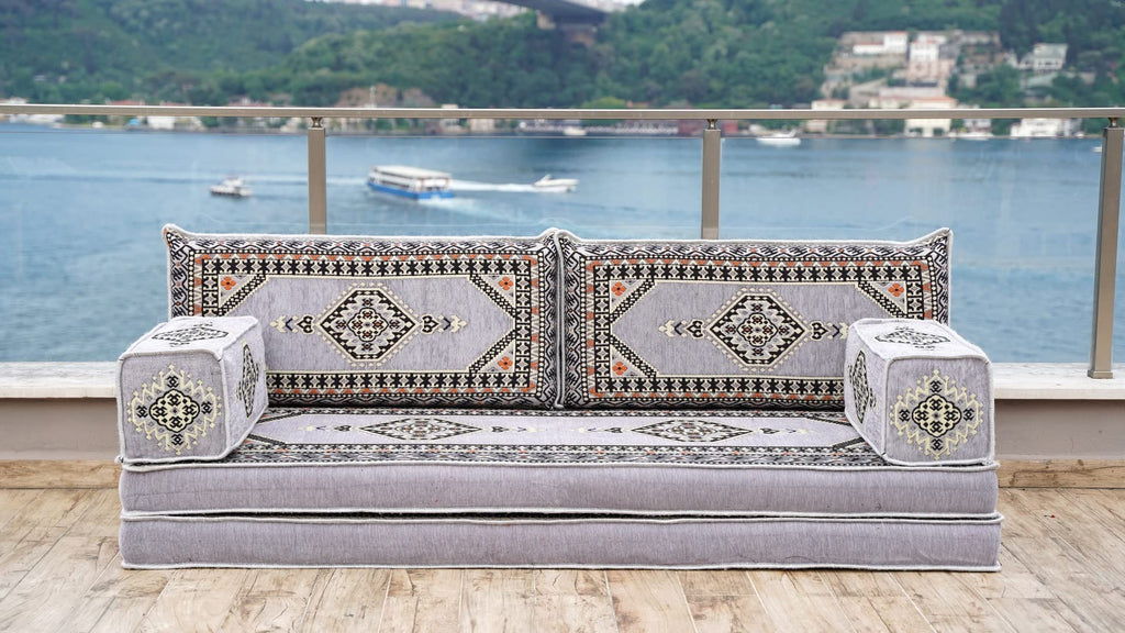 Gray L Shaped Pallet Cushions, Arabic Floor Sofa Set, Oriental Floor Seating, Sectional Floor Cushion, Indoor Floor Pillows, Arabic Majlis Set, Sofa Bed (U Sofa + Rug + Ottoman, 8'' Thickness (20 cm))