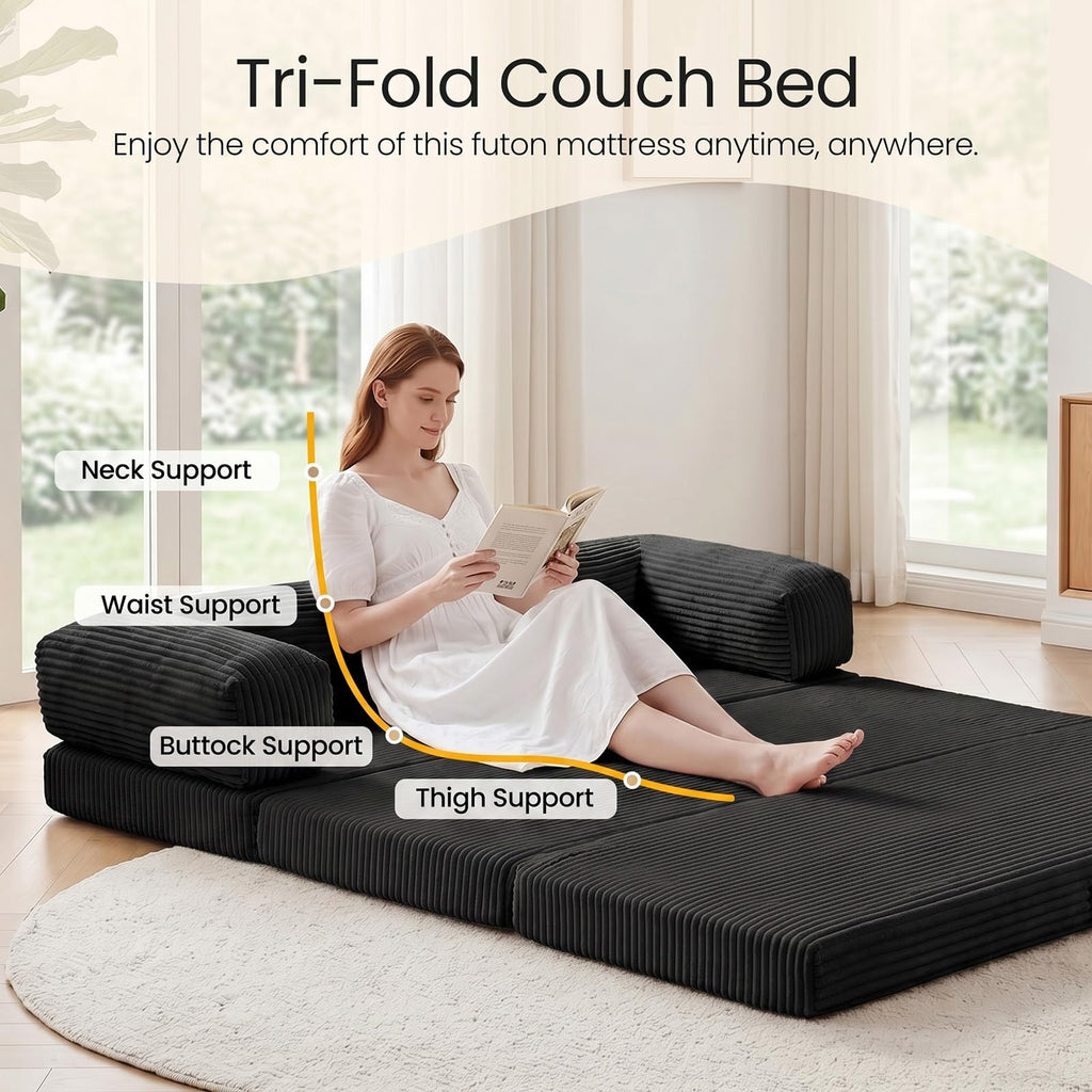 Erament Futon Sofa Bed Queen, Convertible Tri Folding Mattress Foldable with Removable Armrests & Washable Cover, 5-Inch Floor Mattress with High-Density Foam, Small Pull Out Couch Bed, Beige