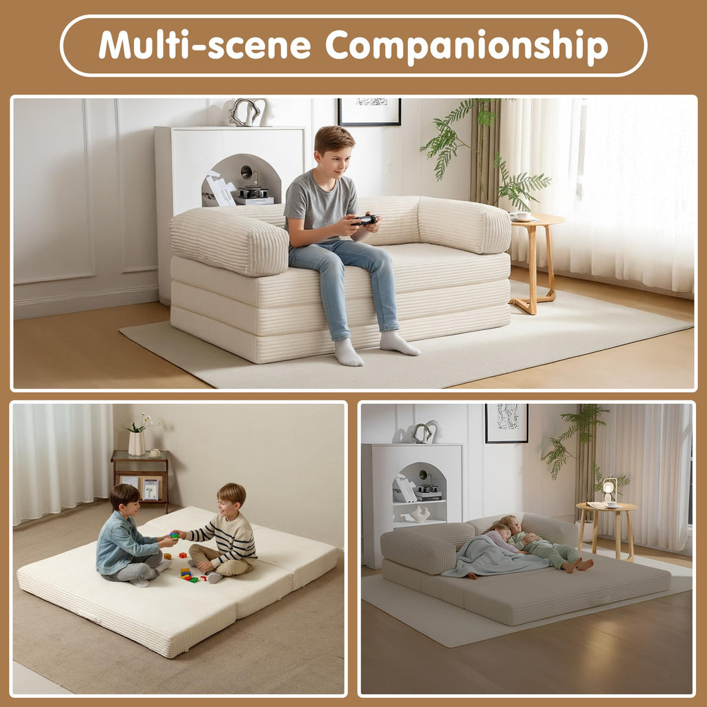 Convertible Sofa Bed Queen,5-in-1 Boneless Couch with Removable Armrests & Handle,Corduroy Futon Sleeper Sofa,Floor Folding Mattress Pull Out Bed for Small Space Apartment Living Room Bedroom,Green