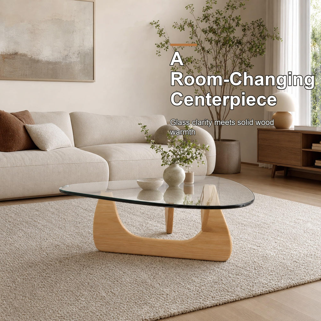 EASYSOUL Modern Glass Coffee Table, 32.68" D x 22.44" W x 15.75" H, Abstract Round Tea Tables for Living Room Home Office Industrial Cocktail Tables (Walnut-Brown Glass, 32.68")