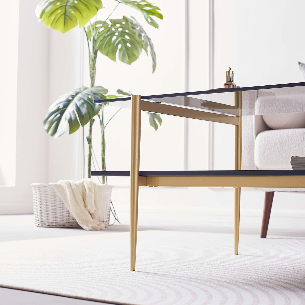 LumFurn Round Coffee Table for Living Room, Mid-Century Modern Design, D30 x H17, 2-Tier Structure, Grey Glass Top and Black Marble Finish Wood Shelf, Sleek Conical Metal Legs with Gold Finish Frame