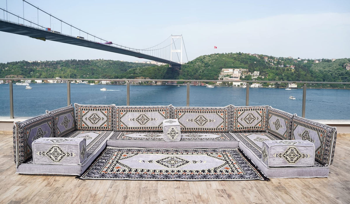 Gray L Shaped Pallet Cushions, Arabic Floor Sofa Set, Oriental Floor Seating, Sectional Floor Cushion, Indoor Floor Pillows, Arabic Majlis Set, Sofa Bed (U Sofa + Rug + Ottoman, 8'' Thickness (20 cm))