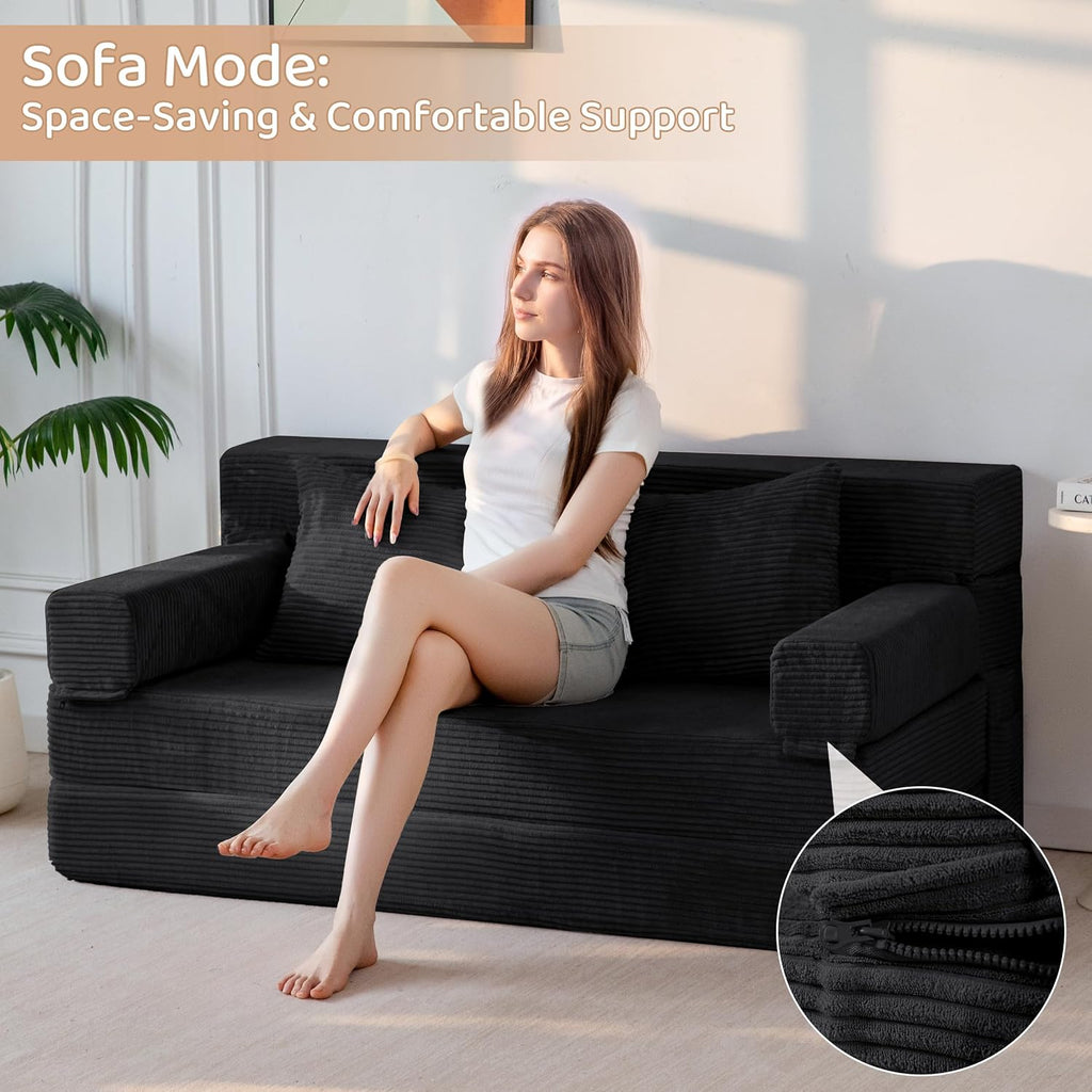 BYBYME Convertible Sofa Bed, 6â Thick 3-Folding Floor Sofa, 53â Loveseat