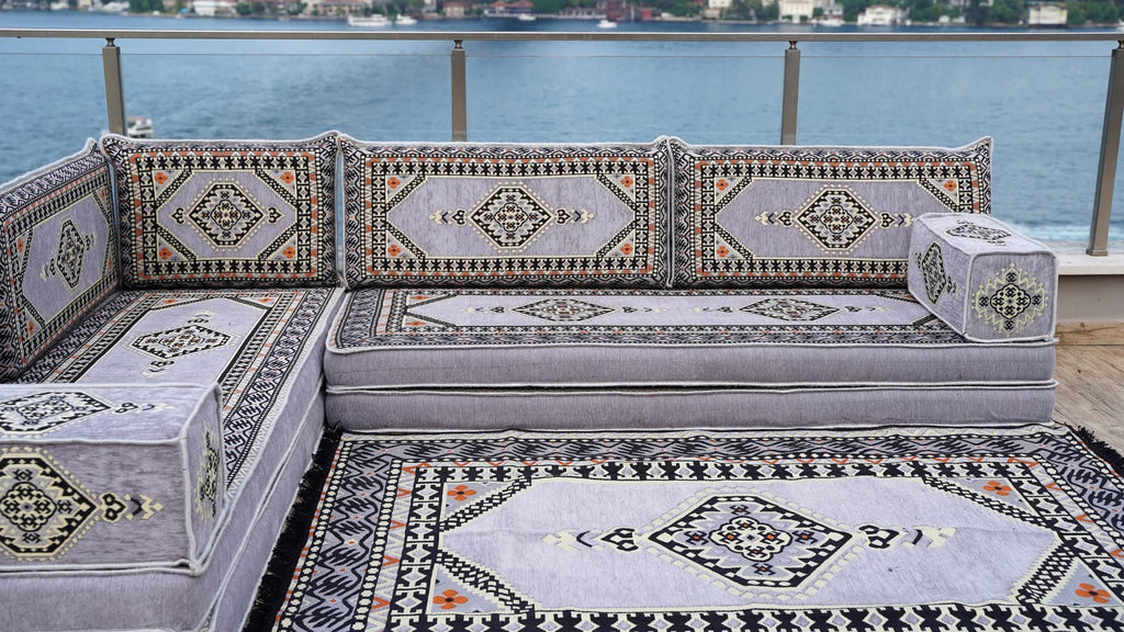 Gray L Shaped Pallet Cushions, Arabic Floor Sofa Set, Oriental Floor Seating, Sectional Floor Cushion, Indoor Floor Pillows, Arabic Majlis Set, Sofa Bed (U Sofa + Rug + Ottoman, 8'' Thickness (20 cm))