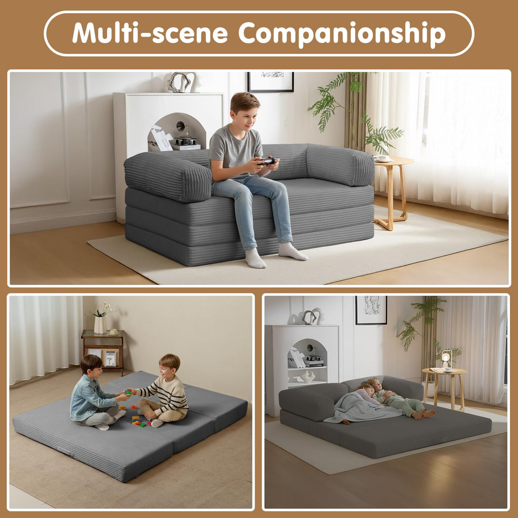 Convertible Sofa Bed Queen,5-in-1 Boneless Couch with Removable Armrests & Handle,Corduroy Futon Sleeper Sofa,Floor Folding Mattress Pull Out Bed for Small Space Apartment Living Room Bedroom,Green