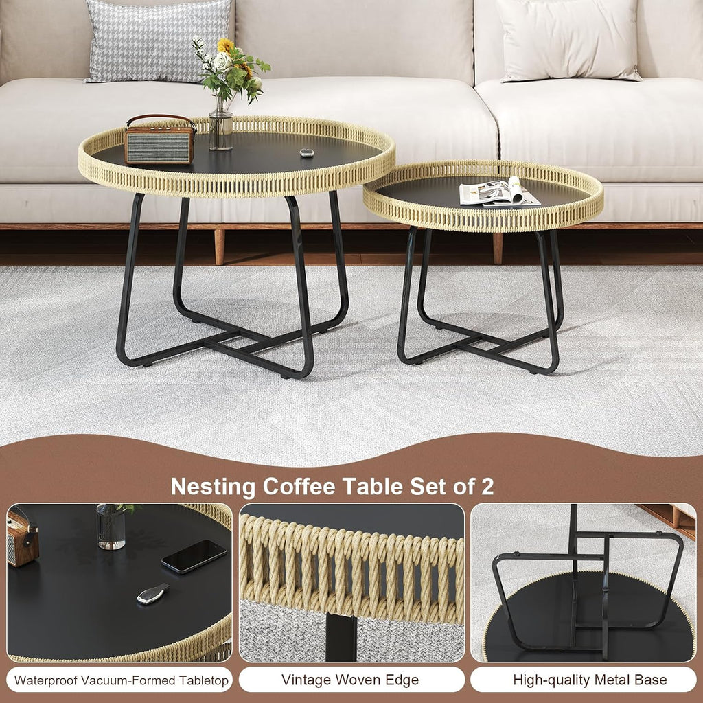 Round Nesting Coffee Table Set of 2, 27.6"+19.7" Nesting Side Tables with Woven Edge and Metal Frame, Modern Circle End Tables for Living Room Bedroom Office Balcony Yard Patio Indoor Outdoor