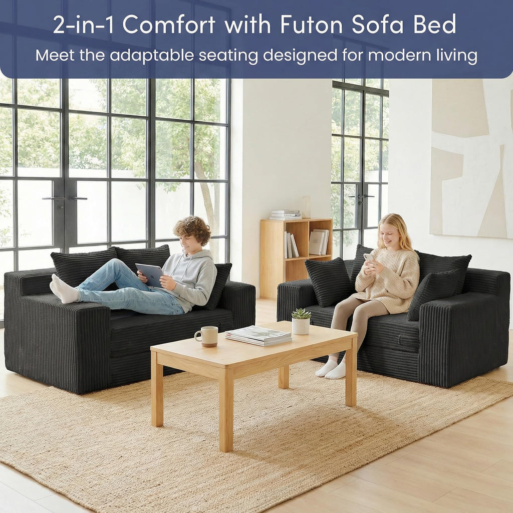 cidludto Convertible Sofa Bed, 3 in 1 Loveseat Folding Couch Bed Foldable - Chaise Lounge Chair & Floor Futon Sofa, Corduroy Pull Out Sofa Bed with 4 Pillows for Living Room, Beige