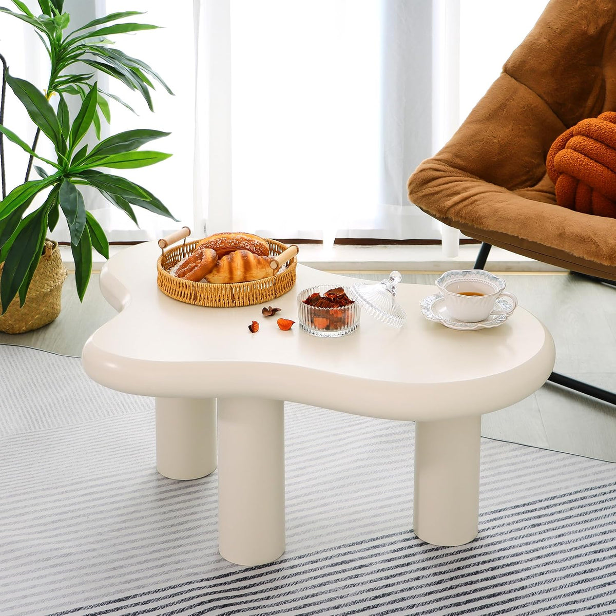 34"(L) Cloud Coffee Table, Modern Wood Coffee Table for Living Room, Accent Center Tables with 3 Legs, Small Tea Tables for Balcony, Patio, Bedroom, Cream White