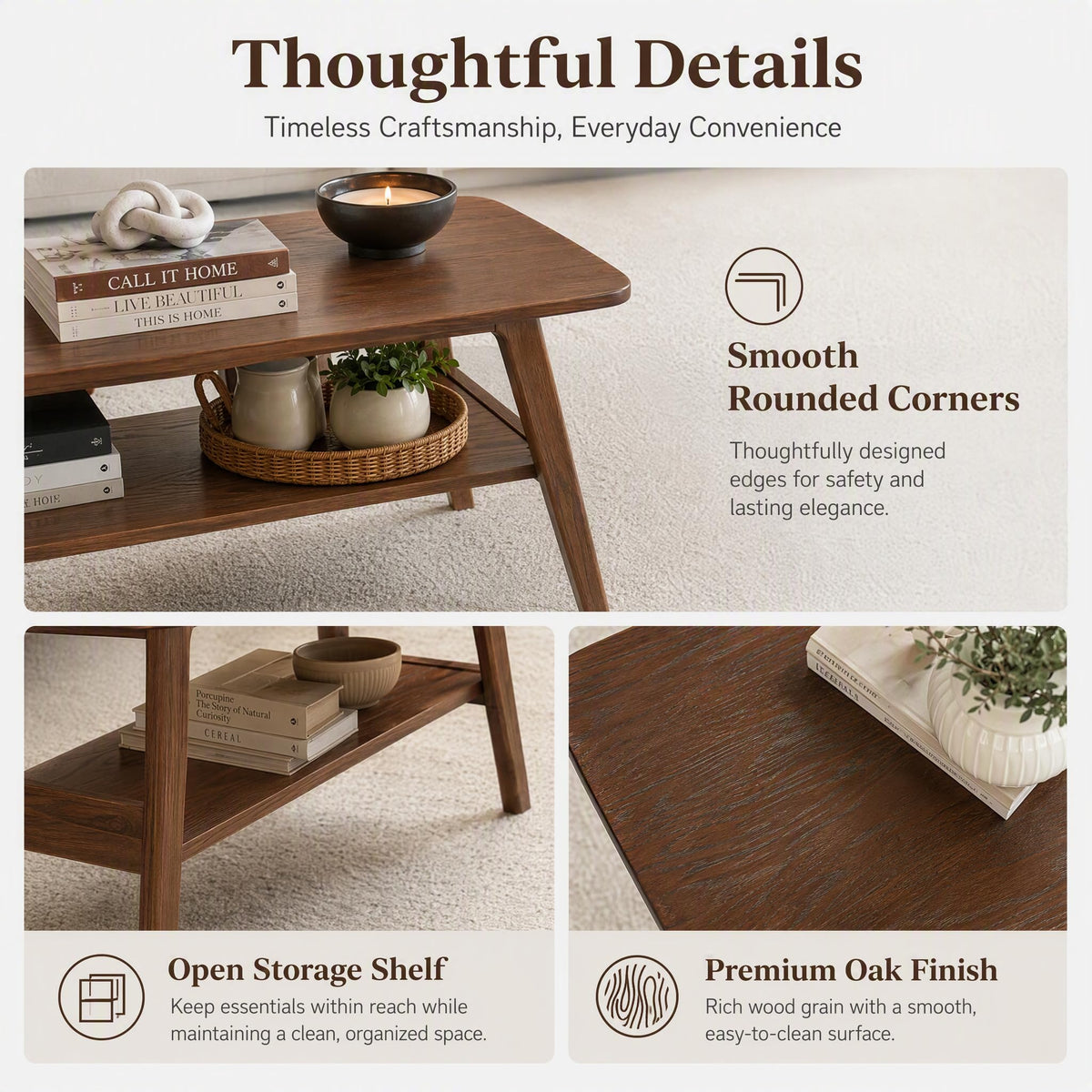 100% Solid Oak Coffee Table with Storage Shelf, 31.49" W