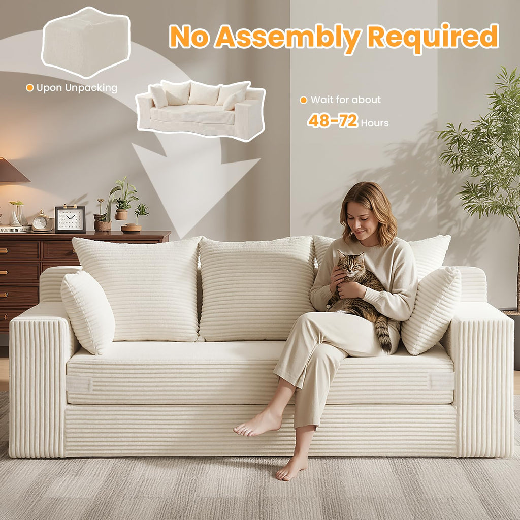 55" Small Boneless Couch, 3-in-1 Boneless Loveseat Sleeper Sofa Bed Convertible Sofa Bed with 4 Pillows, Black Corduroy Boneless Couch for Living Room, Guest Room, Small Space, No Assembly Required