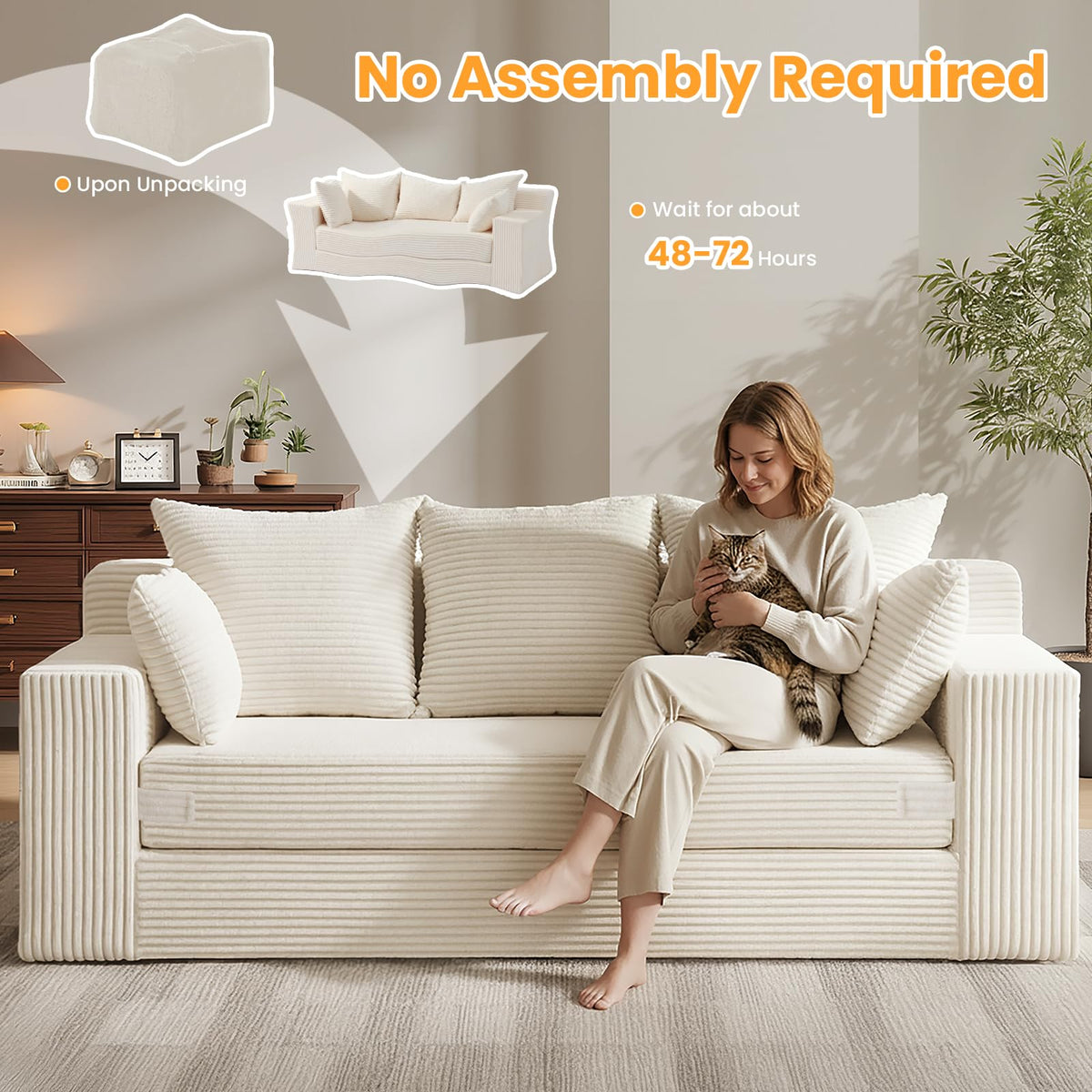 55" Small Boneless Couch, 3-in-1 Boneless Loveseat Sleeper Sofa Bed Convertible Sofa Bed with 4 Pillows, Black Corduroy Boneless Couch for Living Room, Guest Room, Small Space, No Assembly Required