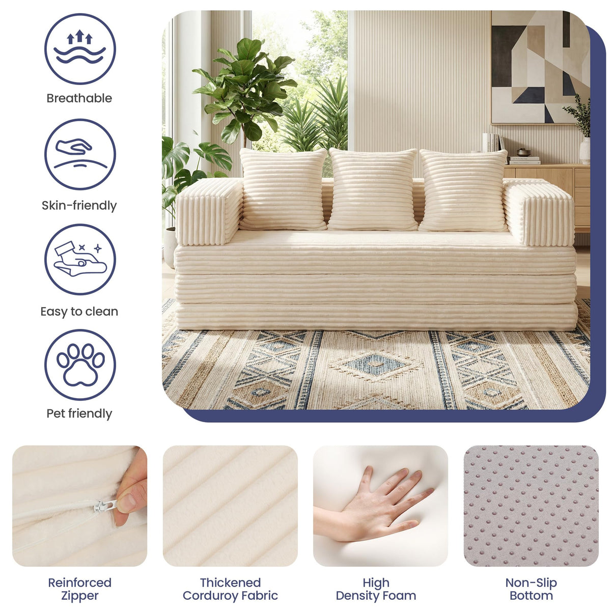 Convertible Sofa Bed, 4-in-1 Boneless Loveseat with Removable Armrests Backrest, Corduroy Futon Couch Bed with Pillow, Foldable Mattress Sleeper Sofa for Living Room Bedroom Small Place (Beige)