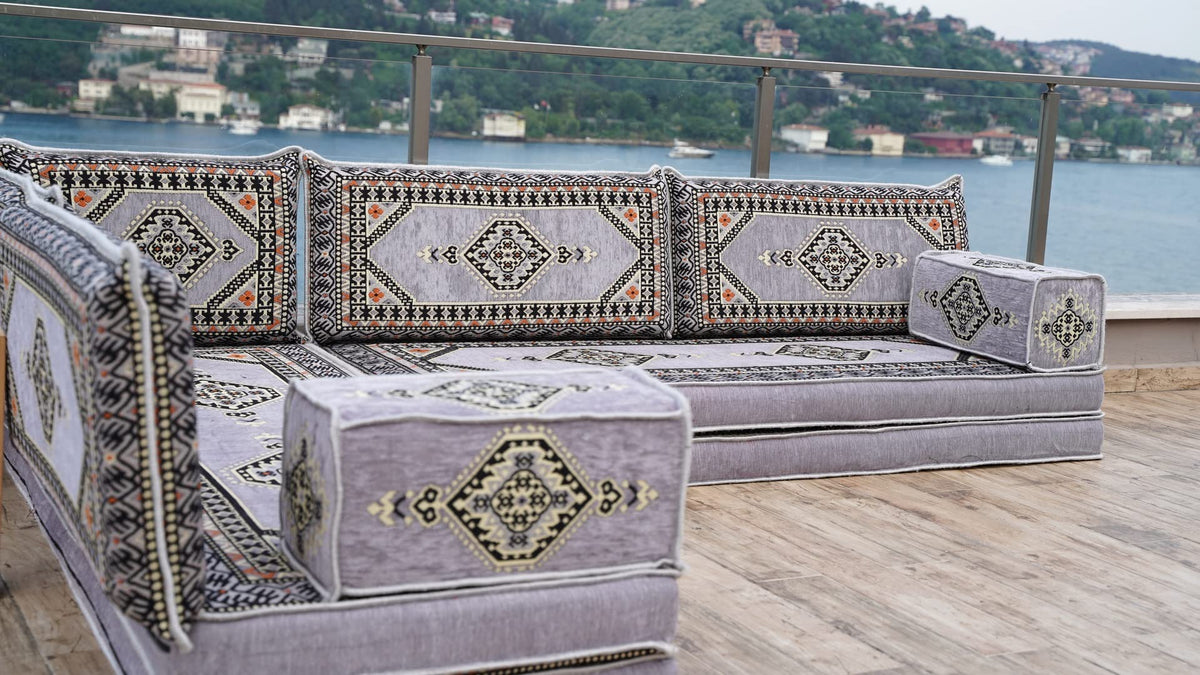 Gray L Shaped Pallet Cushions, Arabic Floor Sofa Set, Oriental Floor Seating, Sectional Floor Cushion, Indoor Floor Pillows, Arabic Majlis Set, Sofa Bed (U Sofa + Rug + Ottoman, 8'' Thickness (20 cm))